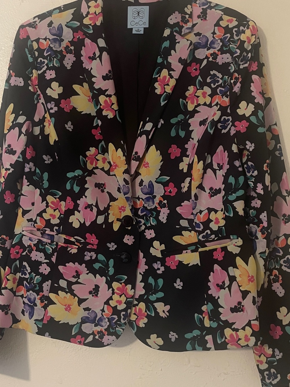 CeCe Cynthia Steffe Black Floral Print Blazer Jacket Size 12